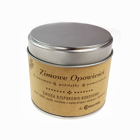 Eco-friendly rapeseed-coconut candle with cinnamon, clove and orange essential oils in a metal can