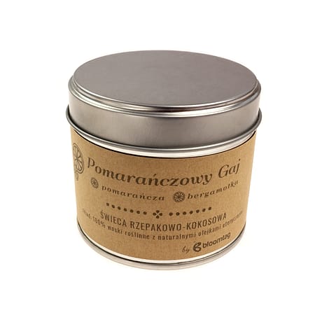 Eco-friendly rapeseed-coconut candle with orange and bergamot essential oils in a metal can