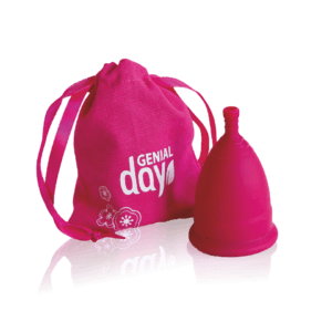 Mentrual cup from Gentle Day in dark pink.