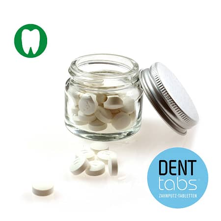 Denttabs toothpaste tablets with flouride in a glass jar. 28 tablets.