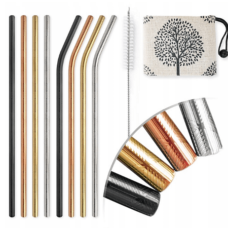 Stainless steel straws in various colors.