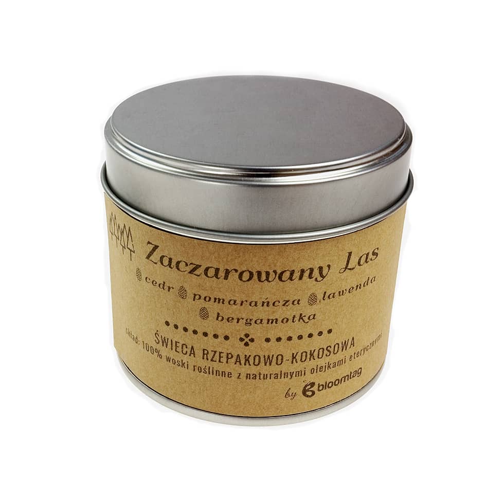Eco-friendly rapeseed-coconut candle with cedar, lavender essential oils in a metal can