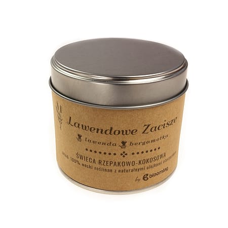 Eco-friendly rapeseed-coconut candle with lavender essential oils in a metal can.