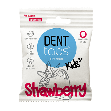 Denttabs toothpaste tablets packaged in a biodegradable paper sachet.