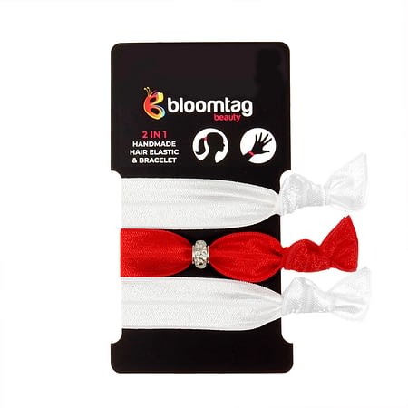 Bloomband Set of hair elastics in white and red.