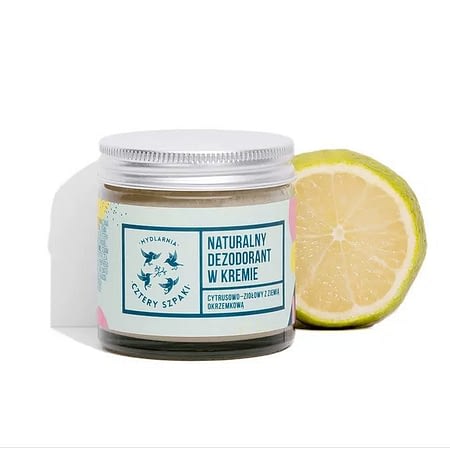 Natural citrus and herbal cream deodorant from Four Starlings packaged in a glass jar.